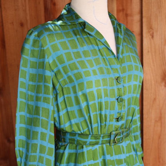 Vintage I. Magnan 100% Silk Green & Blue Geometric Square Shirt Dress - Picture 4 of 17